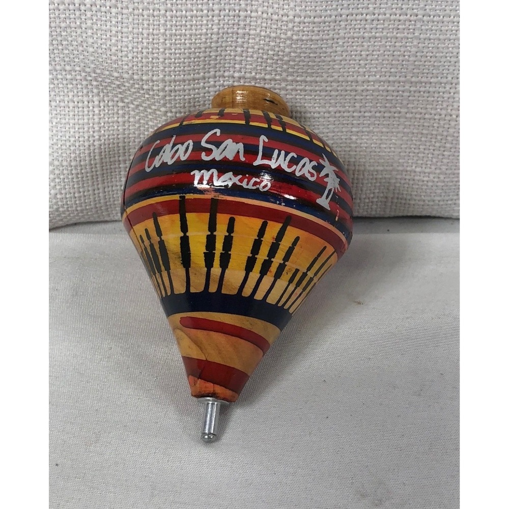 Vintage Cabo San Lucas Mexico Hand Painted Wooden Spinning Top Trompo Folk Art